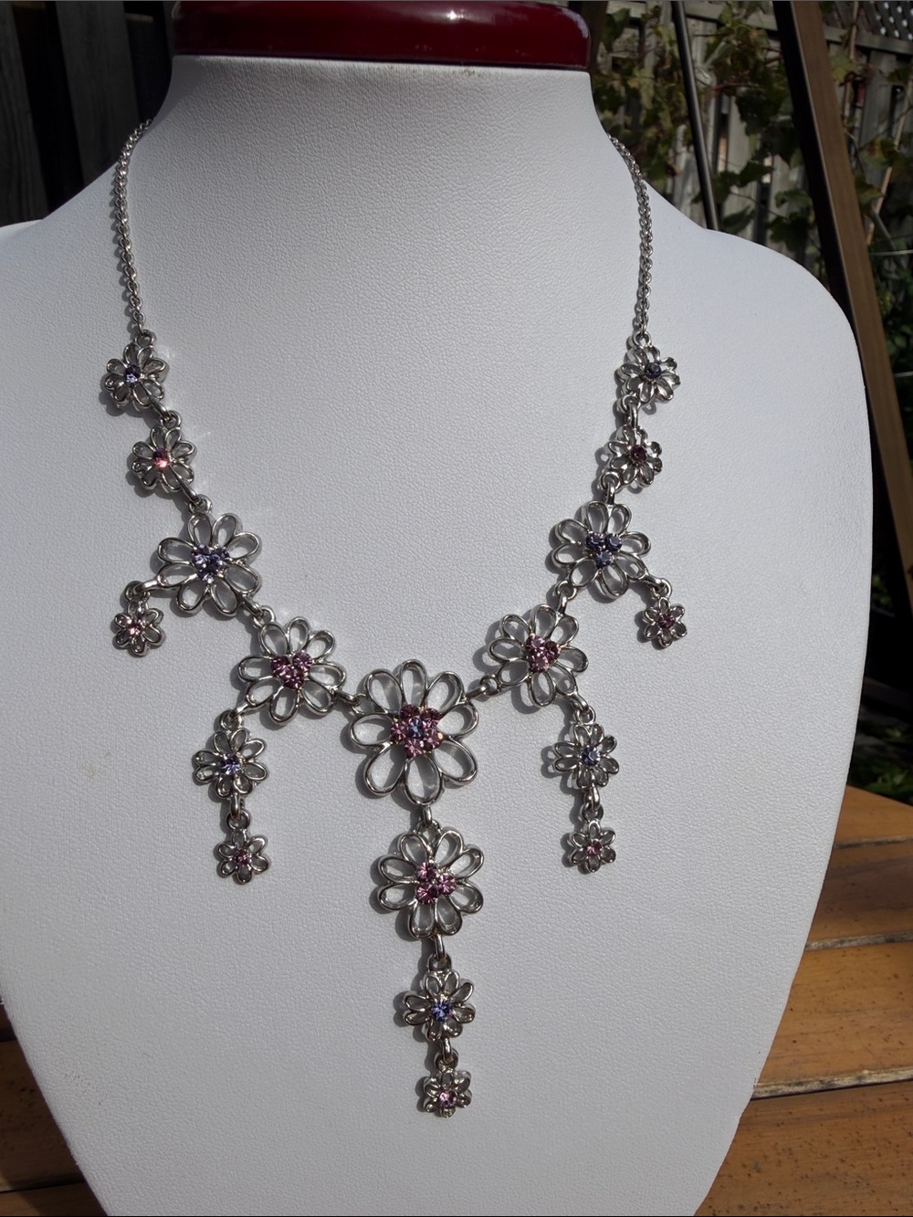 Y2K Vintage Daisy Floral Drop Necklace Pink Purple Rhinestones Silver Tone